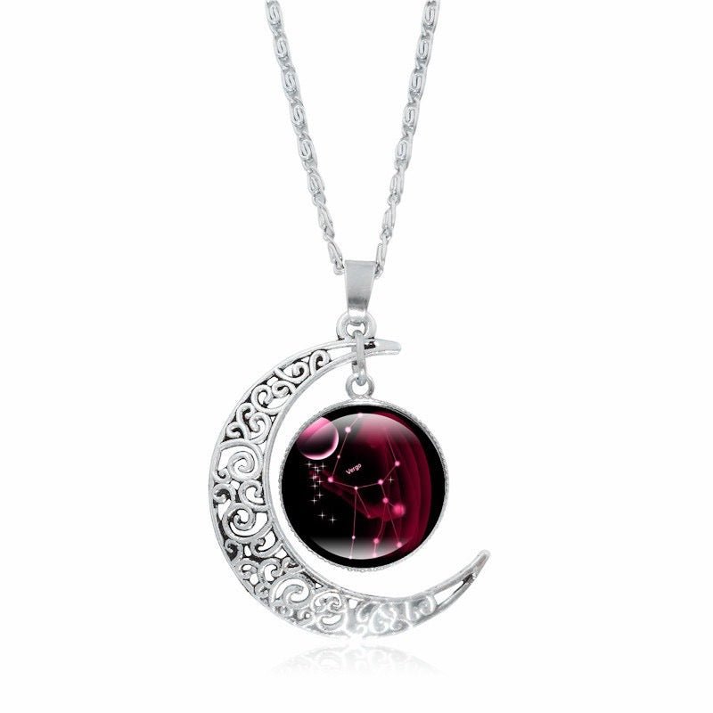Zodiac Time Gem Luminous Necklace for Women, Simple Silver Moon Pendant Choker - UrbanNest Co