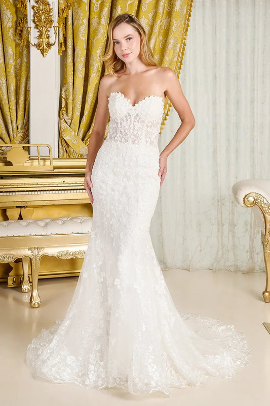 Wedding Dress With Trumpet Cut, Detachable Sheer High Neck Top And Long Sleeves - UrbanNest Co