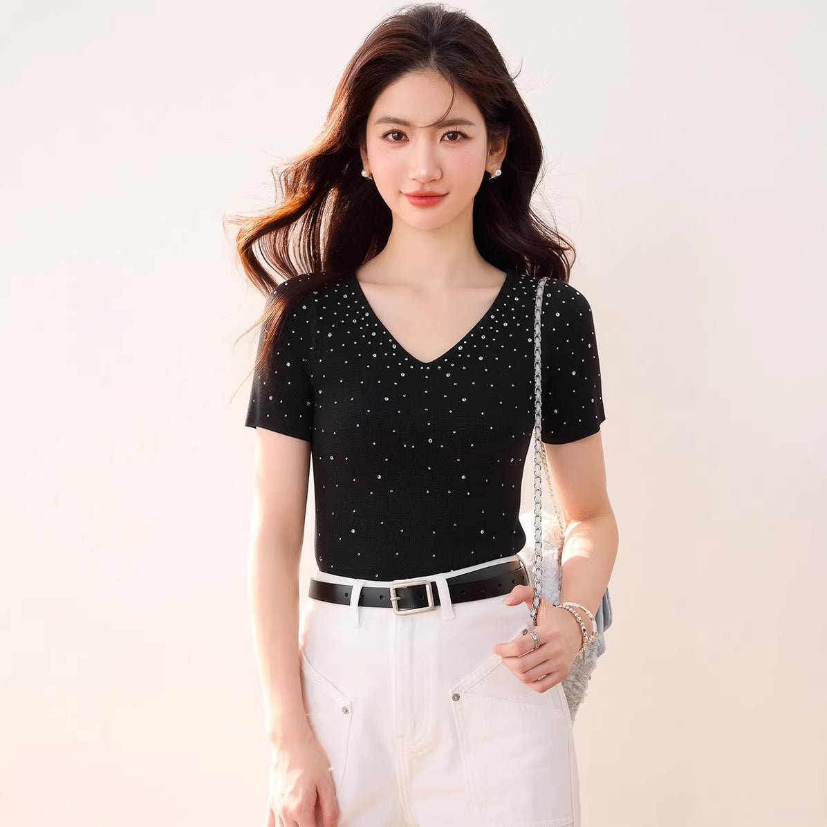 V - neck Fully Embellished Curved Hem Short Sleeve T-Shirt Women Slim Fit Elegant Commuter Versatile Top - UrbanNest Co