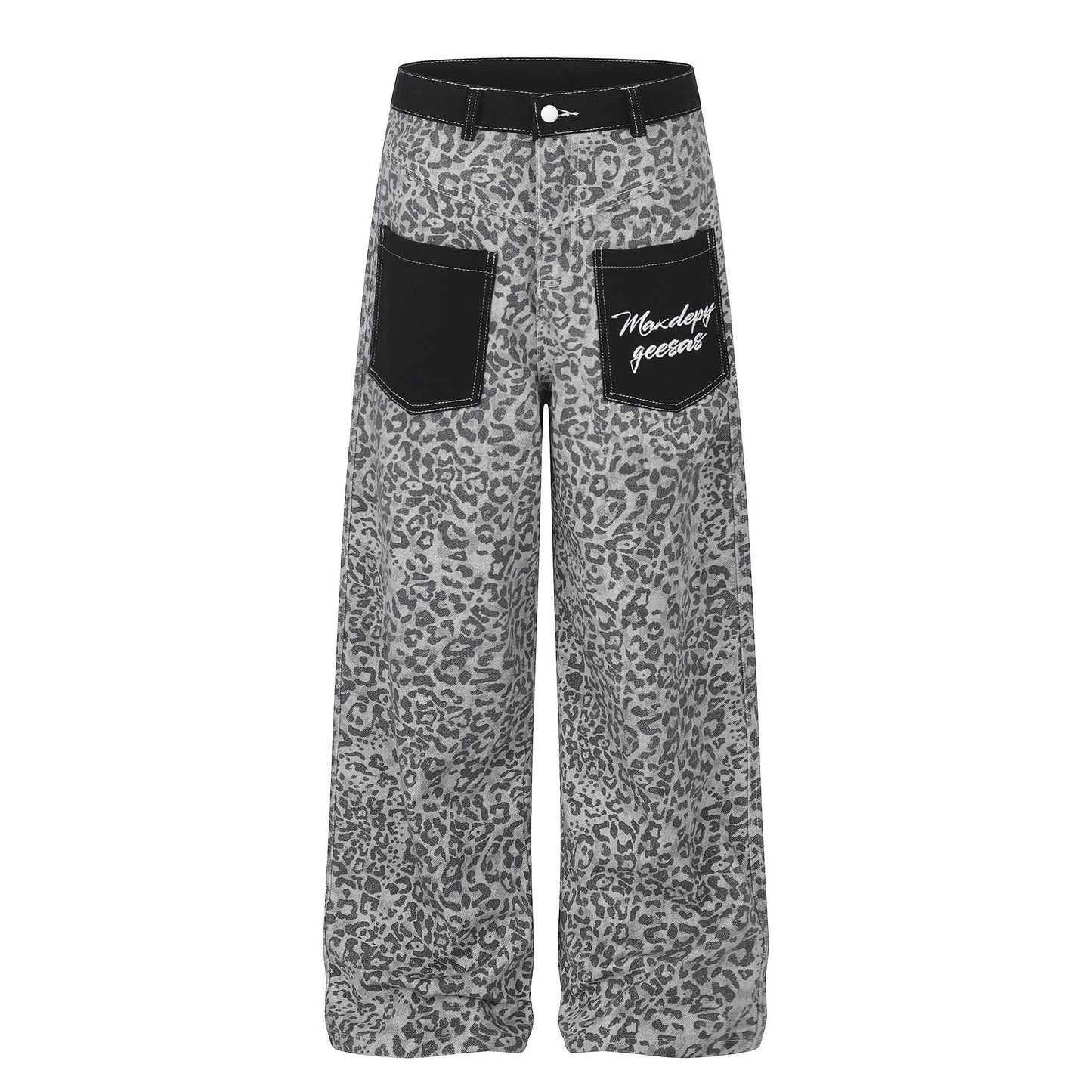 Leopard Print Patchwork Denim Pants Unisex Loose Straight Leg Wide Leg Long Pants - UrbanNest Co