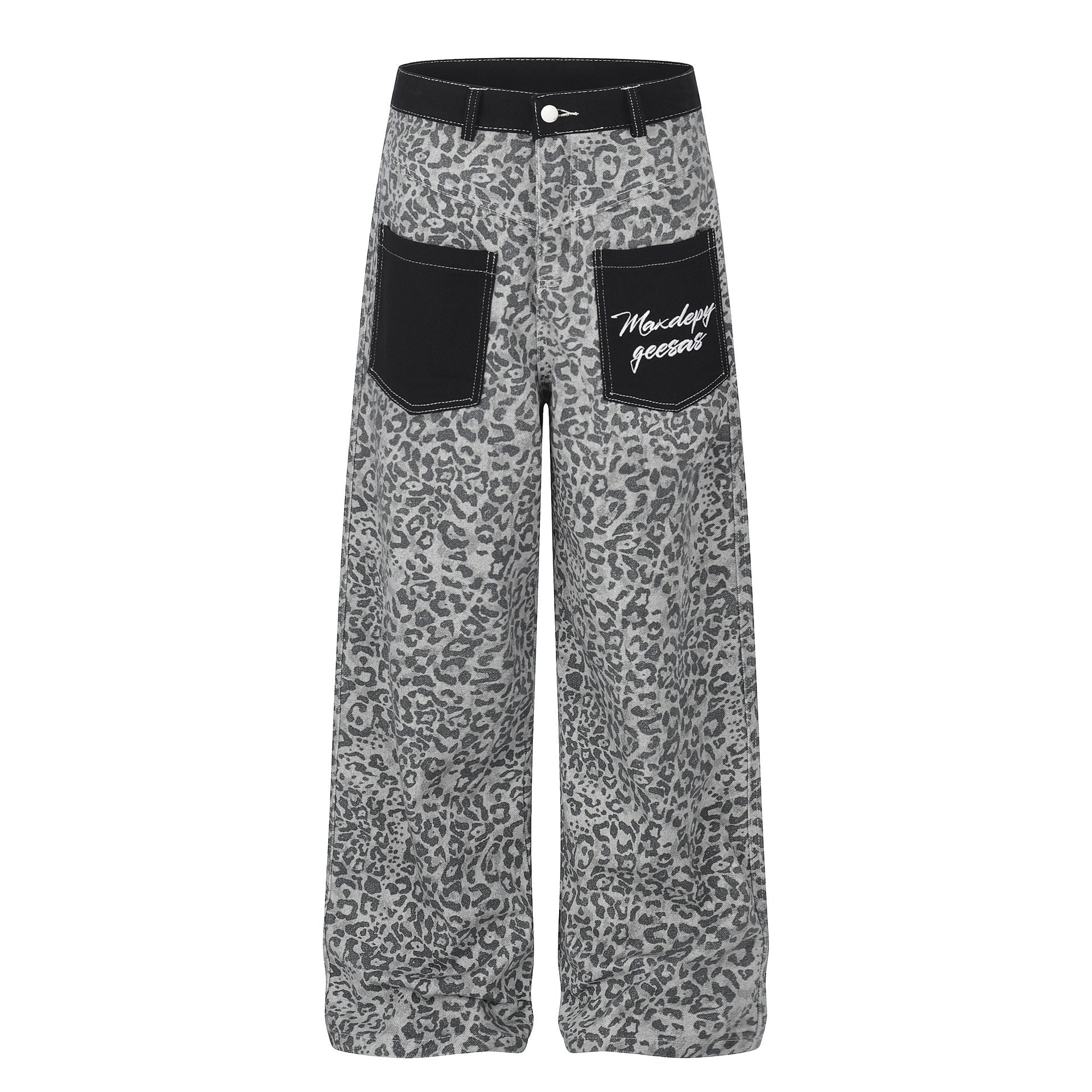 Leopard Print Patchwork Denim Pants Unisex Loose Straight Leg Wide Leg Long Pants - UrbanNest Co