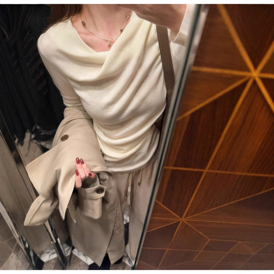 Fashion Sense Elastic Wool Off - Shoulder Top with Design Waistline, Slim Fit Inner Layer Shirt - UrbanNest Co