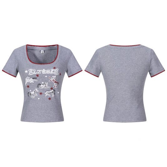 Horse Print Square Neck Short Sleeve T-Shirt Pure Desire Office Style Slim Fit Cropped Top - UrbanNest Co