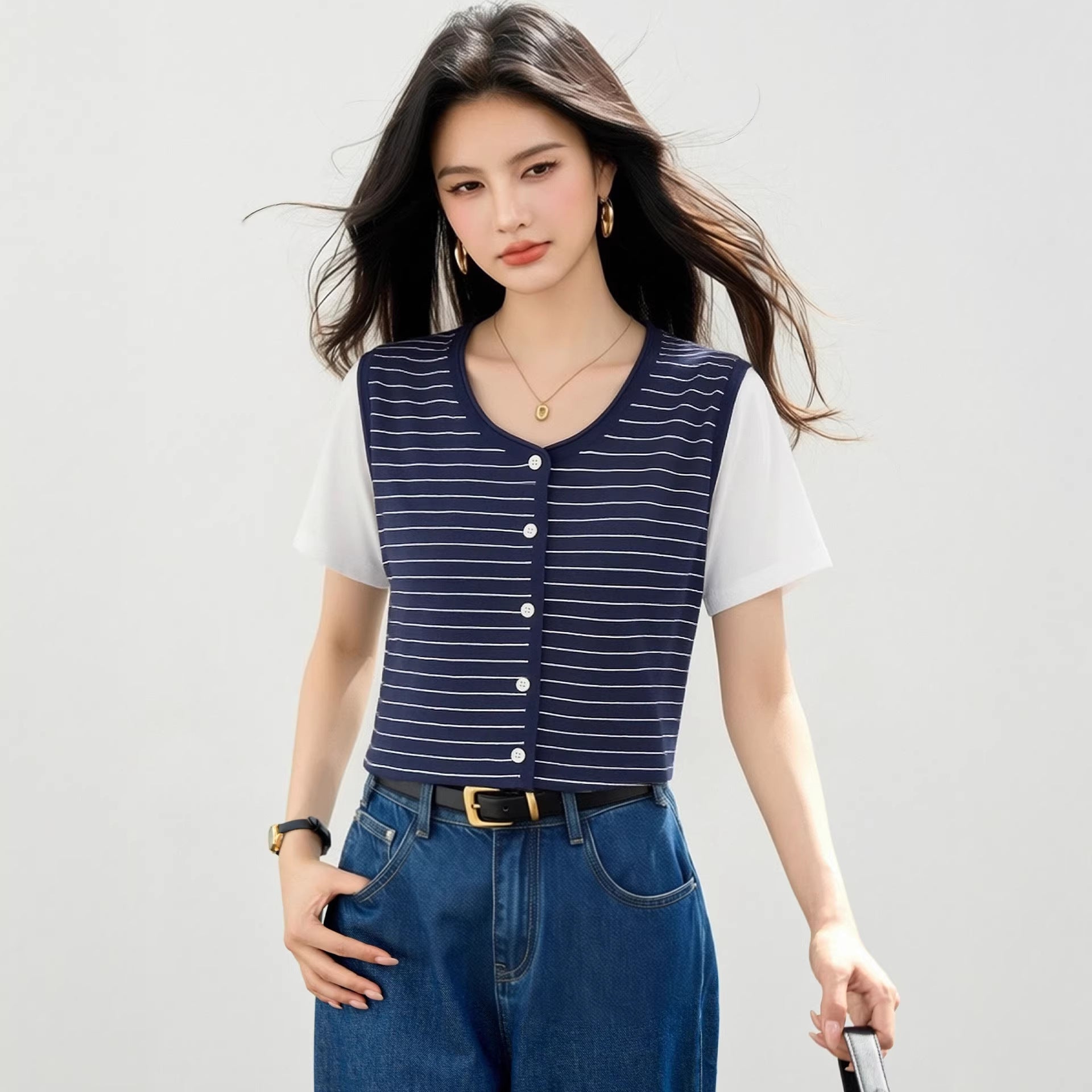Color - blocked Stripe Round Neck False Two - Piece T-Shirt, Casual Loose Fit Top for Women - UrbanNest Co