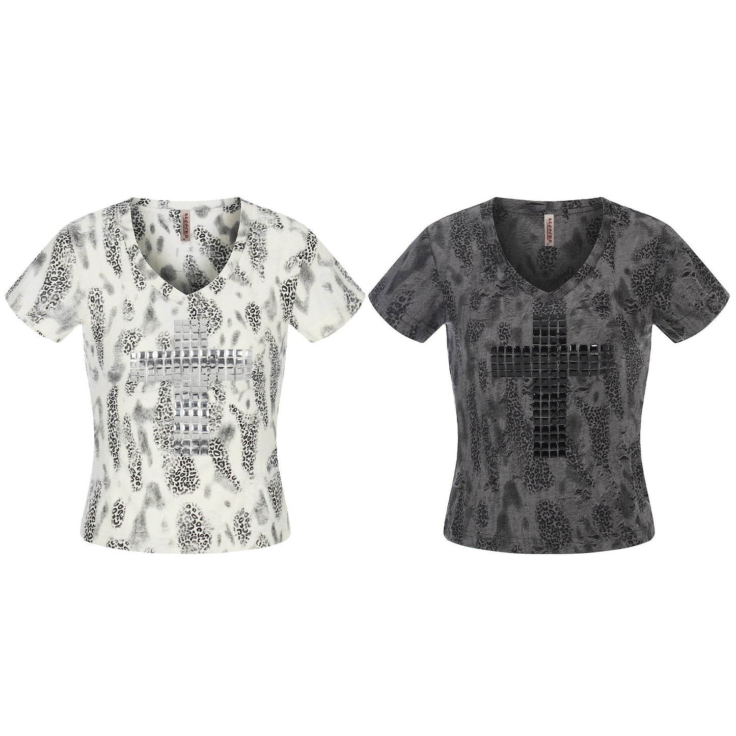Distressed Leopard Print V - Neck Short Sleeve T-Shirt Streetwear Chic Style with Cross Rhinestone Embellishment - UrbanNest Co