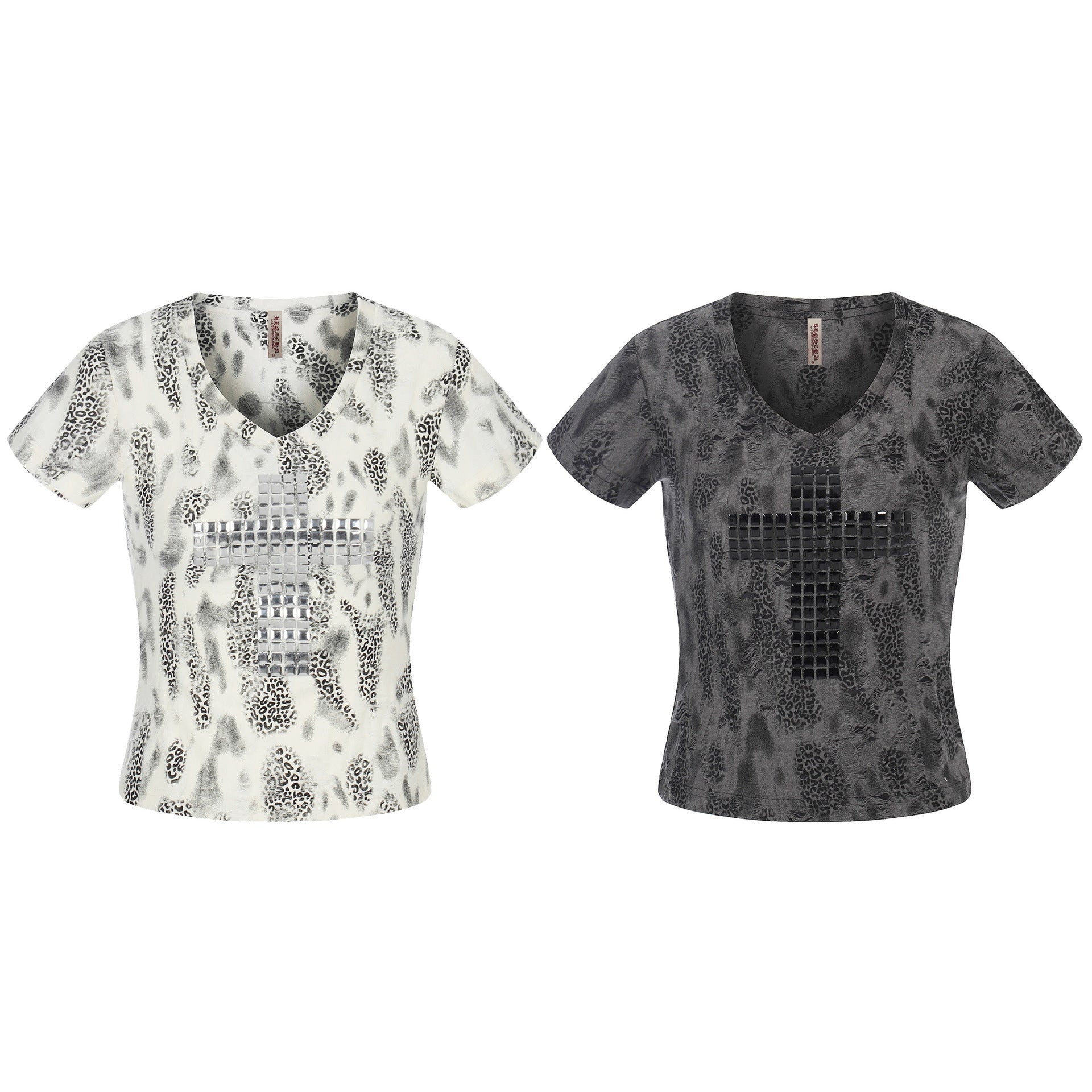 Distressed Leopard Print V - Neck Short Sleeve T-Shirt Streetwear Chic Style with Cross Rhinestone Embellishment - UrbanNest Co