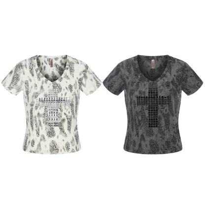 Distressed Leopard Print V - Neck Short Sleeve T-Shirt Streetwear Chic Style with Cross Rhinestone Embellishment - UrbanNest Co
