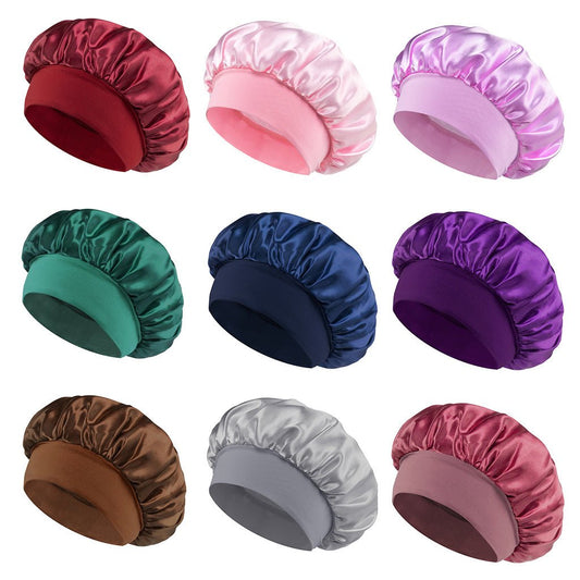 Solid Color Bath Cap Adult Fashion Satin Wide Brim Sleep Cap for Women Chemotherapy Hair Care - UrbanNest Co
