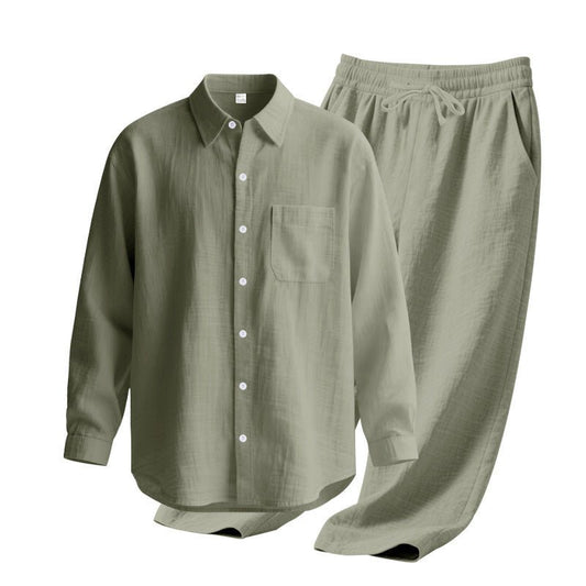 Linen solid color lapel buckle casual long sleeved pants men's suit - UrbanNest Co