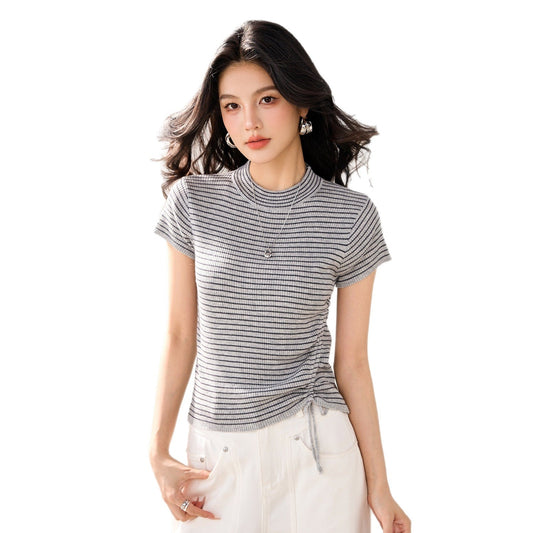 Striped Knitwear Women's Short Sleeve Round Neck Pullover Summer New Slim Fit Irregular Drawstring Waist Tapered Top - UrbanNest Co