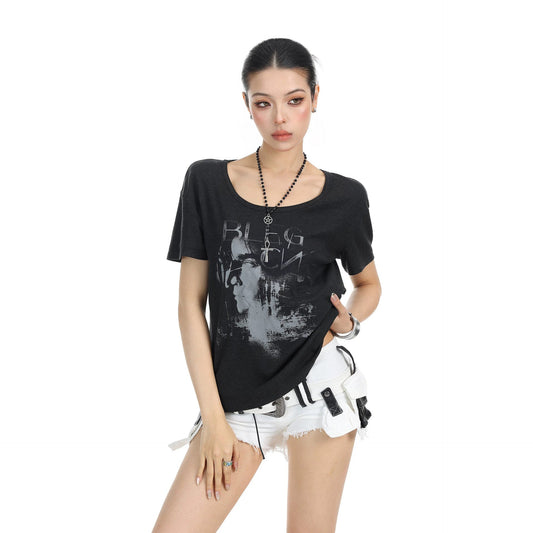 Portrait Print U - Neck T-Shirt Front and Back Letter Design Fitted Slim Fit Casual Short Sleeve Top - UrbanNest Co