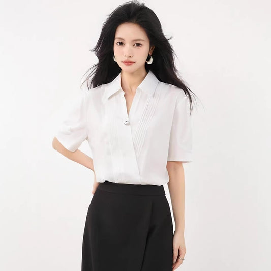 White V - Neck Blouse for Women, Elegant Office Wear, Stylish and Unique Top for Teaching Certification Interview - UrbanNest Co