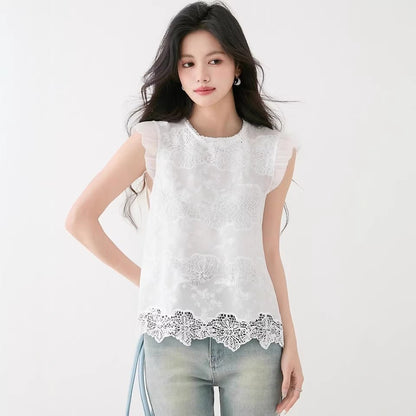 Elegant Chiffon Spliced Design Round Neck Blouse for Women Summer Sleeveless Top with Delicate Embroidery - UrbanNest Co