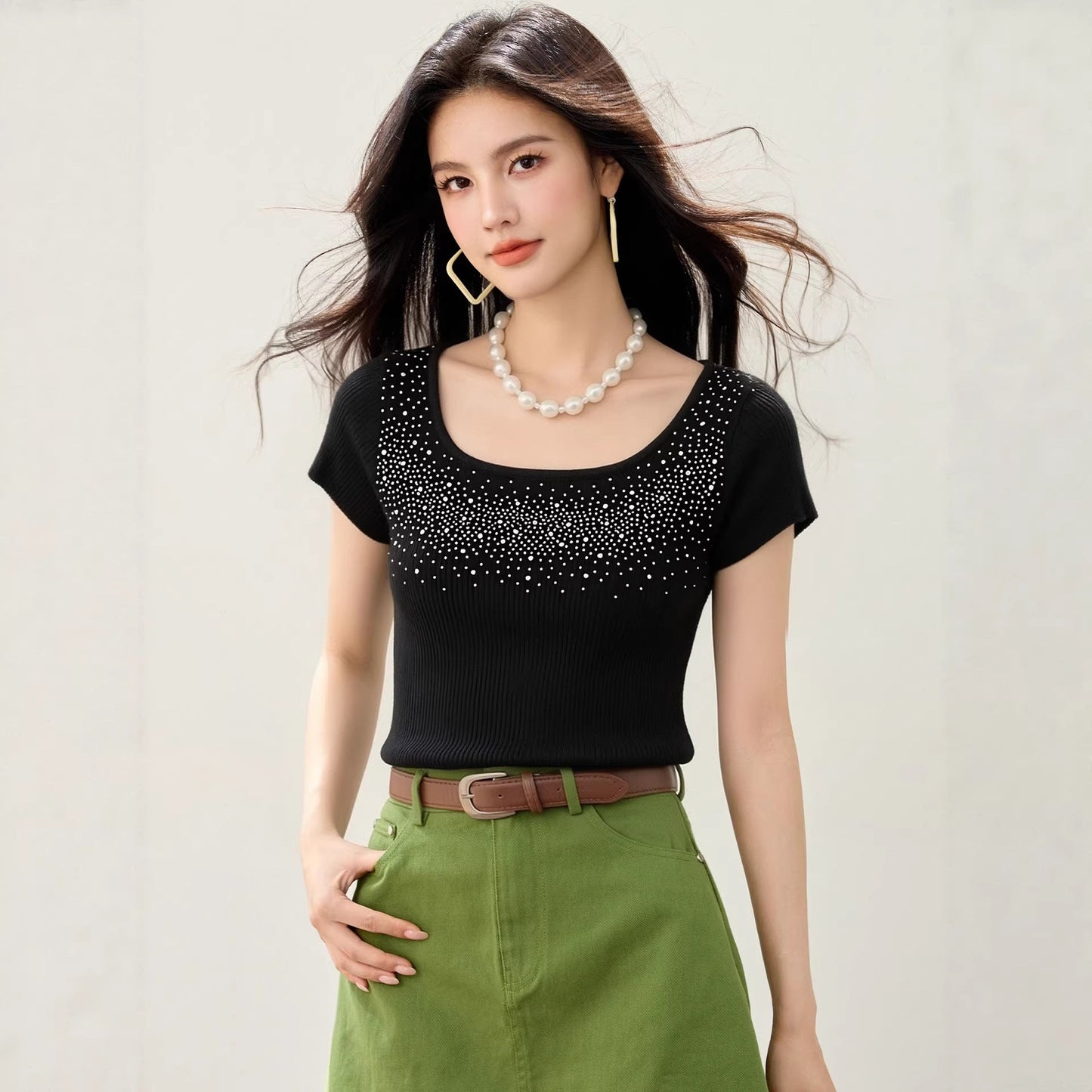 Fashionable Black Embellished U - Neck Short Sleeve Knit Top for Women, Slim Fit, Elegant Inner Layer or Standalone Wear - UrbanNest Co