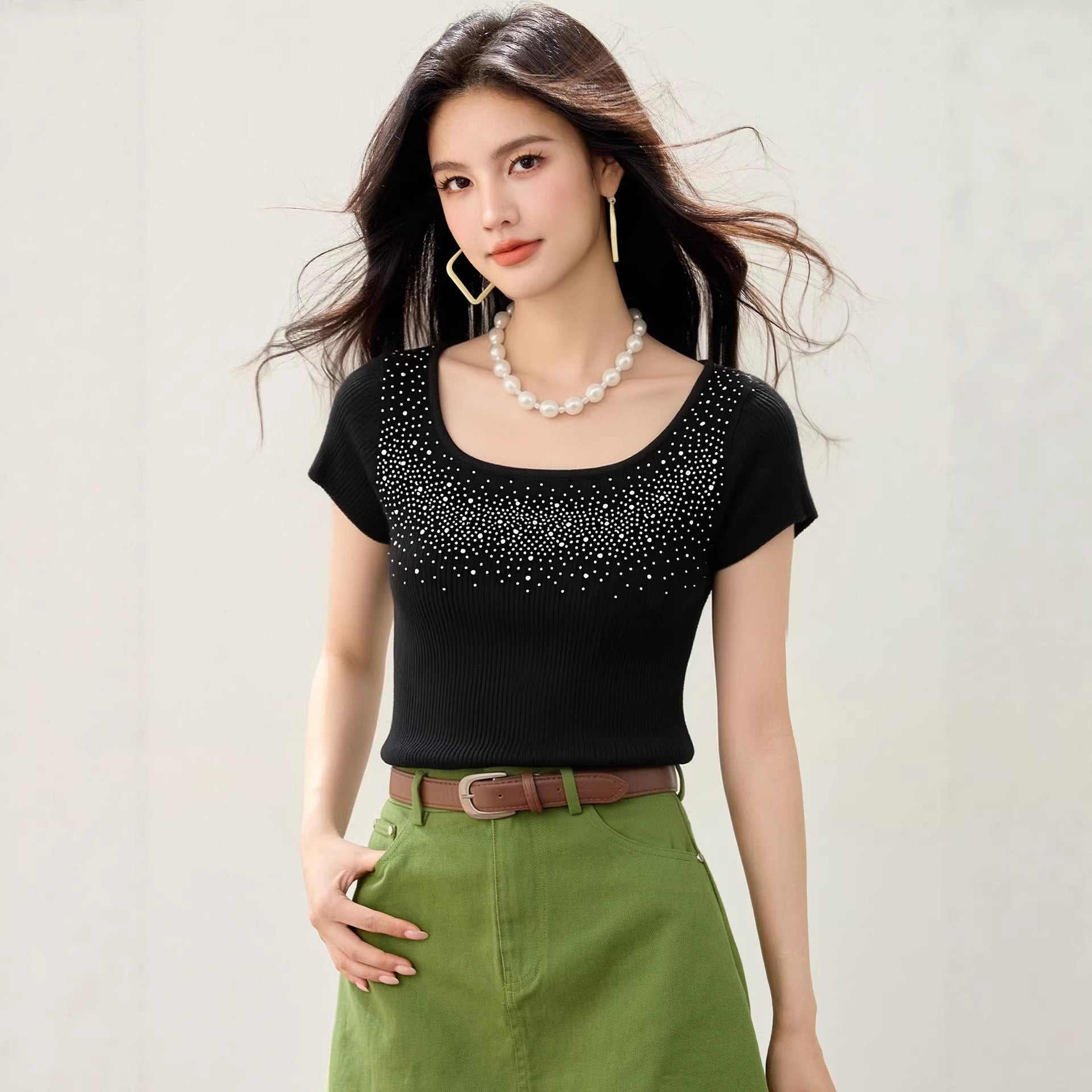 Fashionable Black Embellished U - Neck Short Sleeve Knit Top for Women, Slim Fit, Elegant Inner Layer or Standalone Wear - UrbanNest Co