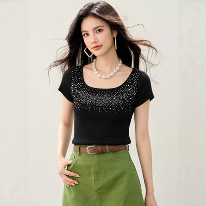Fashionable Black Embellished U - Neck Short Sleeve Knit Top for Women, Slim Fit, Elegant Inner Layer or Standalone Wear - UrbanNest Co