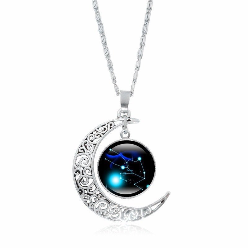 Zodiac Time Gem Luminous Necklace for Women, Simple Silver Moon Pendant Choker - UrbanNest Co