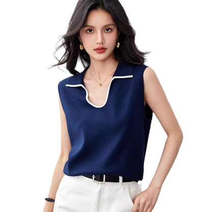 Polo Neck Sleeveless Knit Vest, Casual Loose - Fitting Versatile Shoulder Cover Top for Women - UrbanNest Co