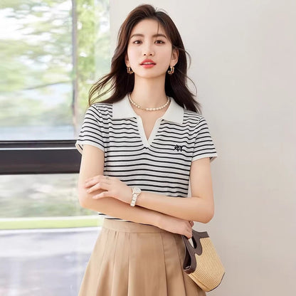 Elegant Turn - Down Collar Short Sleeve T-Shirt for Women Plus Size Polo Neck Versatile Casual Top, Slimming Fit - UrbanNest Co
