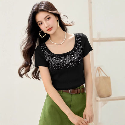 Fashionable Black Embellished U - Neck Short Sleeve Knit Top for Women, Slim Fit, Elegant Inner Layer or Standalone Wear - UrbanNest Co