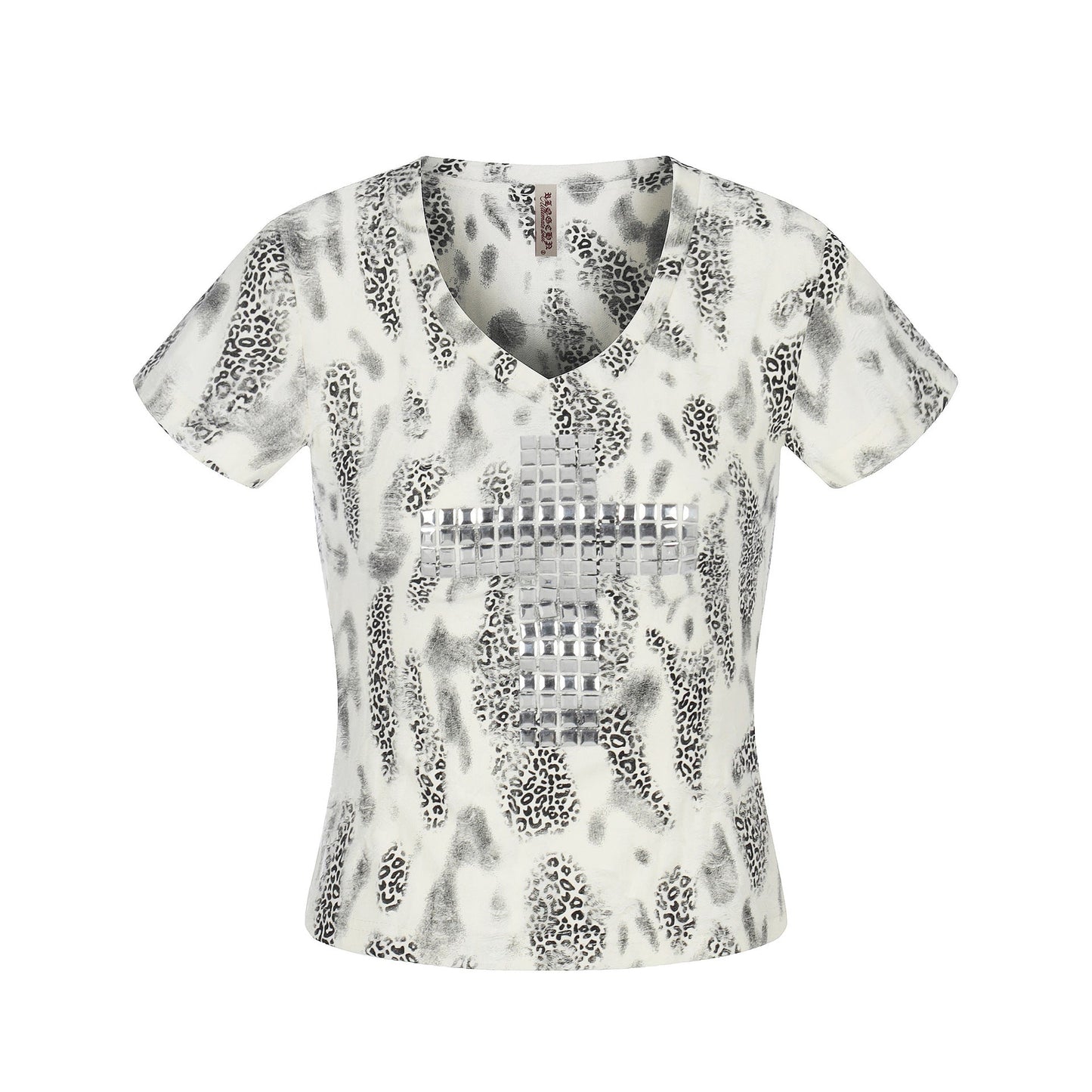 Distressed Leopard Print V - Neck Short Sleeve T-Shirt Streetwear Chic Style with Cross Rhinestone Embellishment - UrbanNest Co