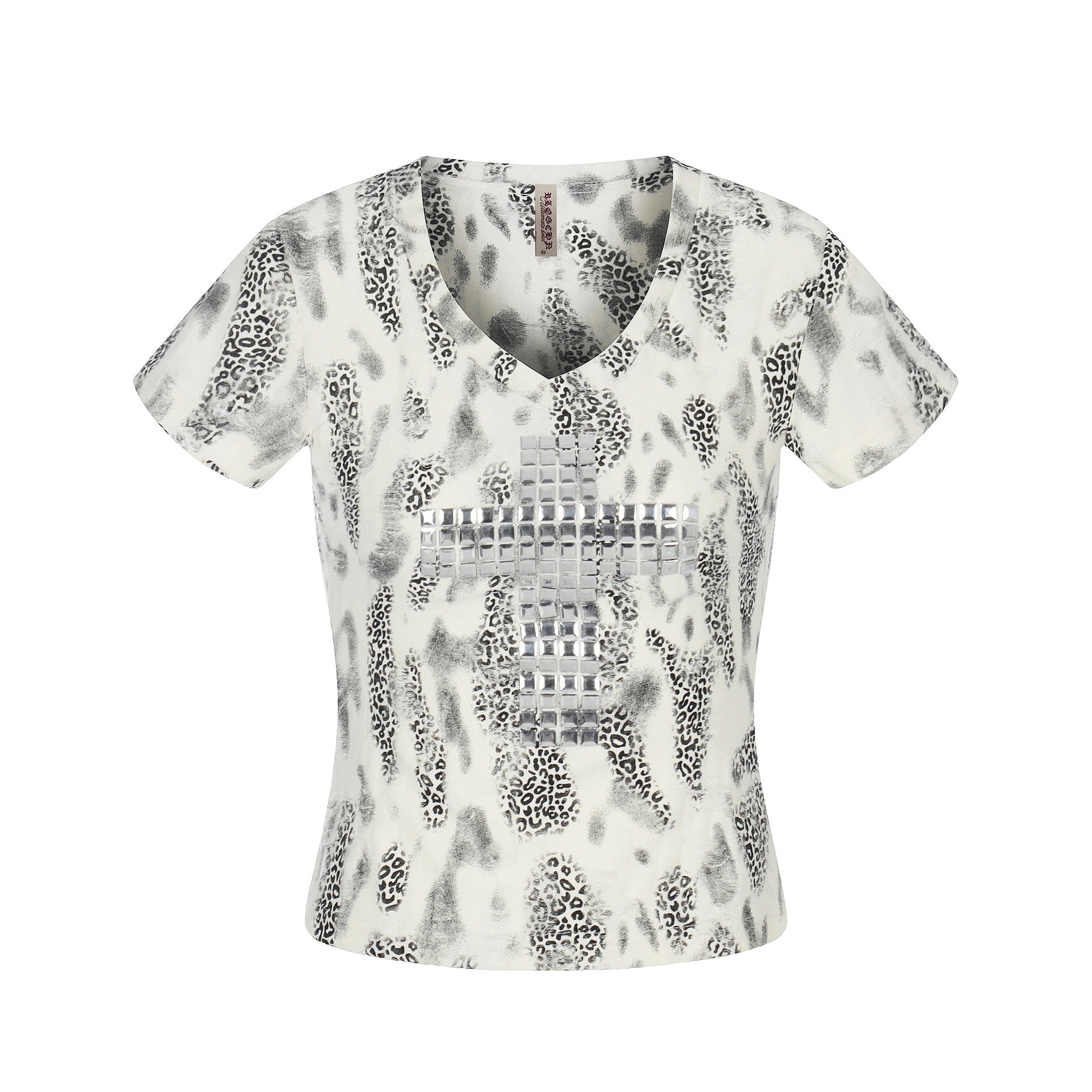 Distressed Leopard Print V - Neck Short Sleeve T-Shirt Streetwear Chic Style with Cross Rhinestone Embellishment - UrbanNest Co