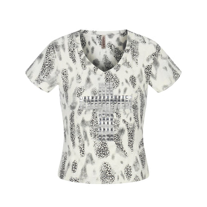 Distressed Leopard Print V - Neck Short Sleeve T-Shirt Streetwear Chic Style with Cross Rhinestone Embellishment - UrbanNest Co