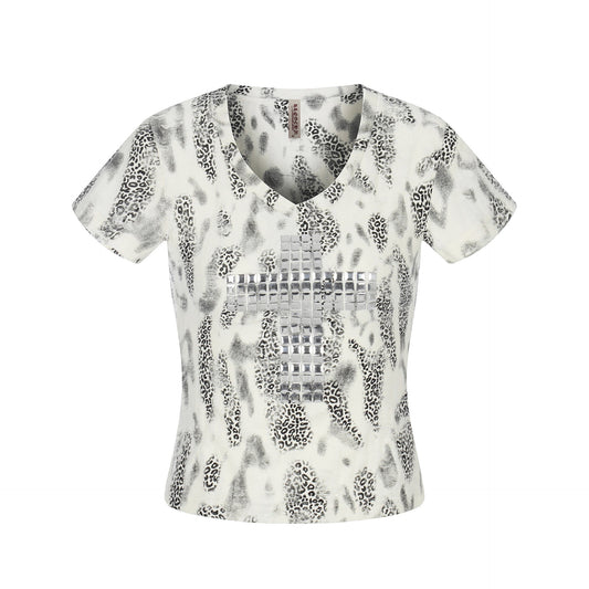 Distressed Leopard Print V - Neck Short Sleeve T-Shirt Streetwear Chic Style with Cross Rhinestone Embellishment - UrbanNest Co