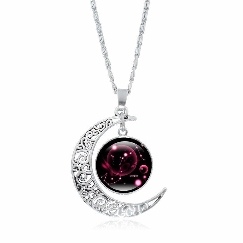 Zodiac Time Gem Luminous Necklace for Women, Simple Silver Moon Pendant Choker - UrbanNest Co