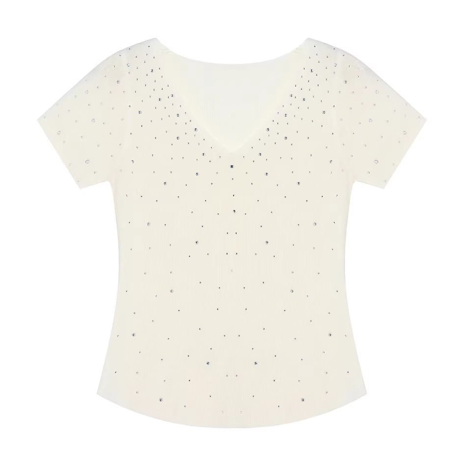 V - neck Fully Embellished Curved Hem Short Sleeve T-Shirt Women Slim Fit Elegant Commuter Versatile Top - UrbanNest Co