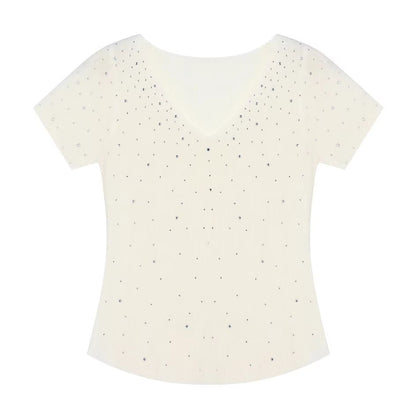 V - neck Fully Embellished Curved Hem Short Sleeve T-Shirt Women Slim Fit Elegant Commuter Versatile Top - UrbanNest Co