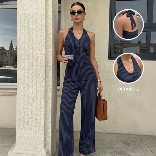 Chic Office - Style Jumpsuit in Navy Blue Stripe with Halter Neck and Open Back for Summer - UrbanNest Co
