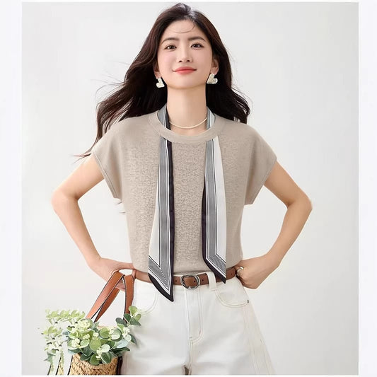 Scarf Tie Round Neck Straight Shoulder Ice Silk Knit Short Sleeve T-Shirt for Women Summer Design Sense Unique Fitted Top - UrbanNest Co