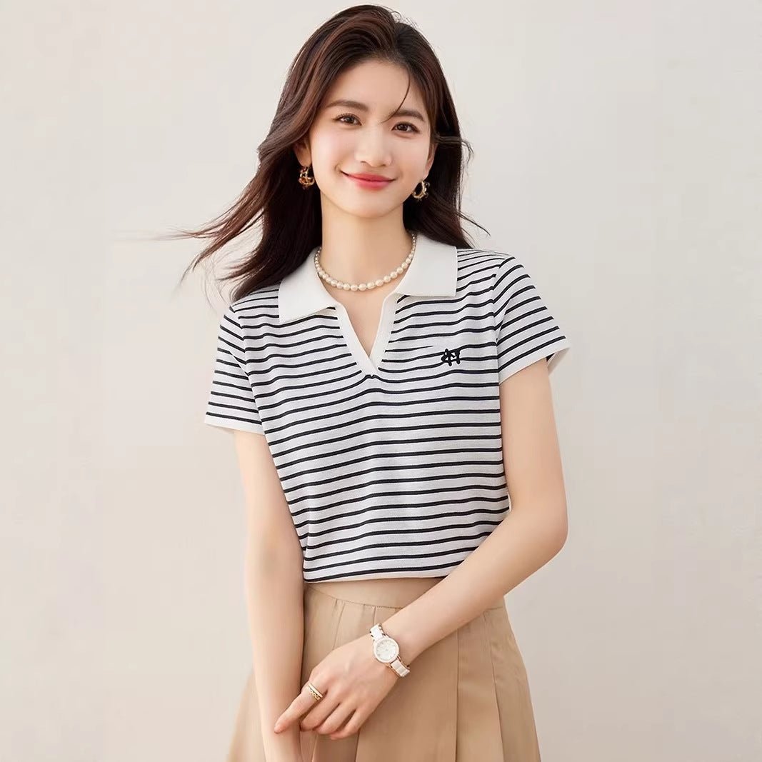 Elegant Turn - Down Collar Short Sleeve T-Shirt for Women Plus Size Polo Neck Versatile Casual Top, Slimming Fit - UrbanNest Co