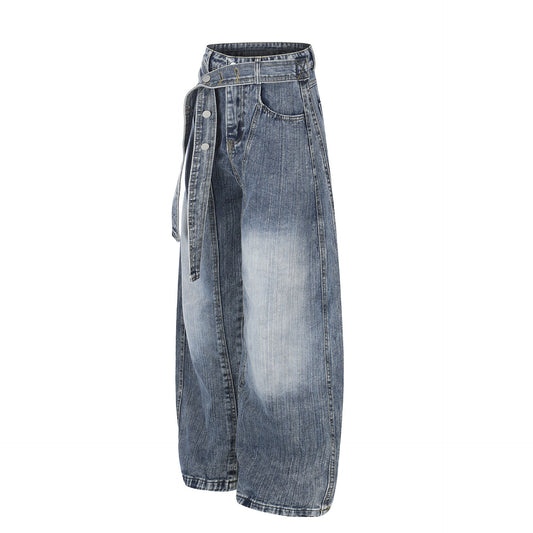 Washed White Cross Waist Belt Design Jeans Unisex Loose Wide Leg Knife - Edge Floor - Length Pants - UrbanNest Co